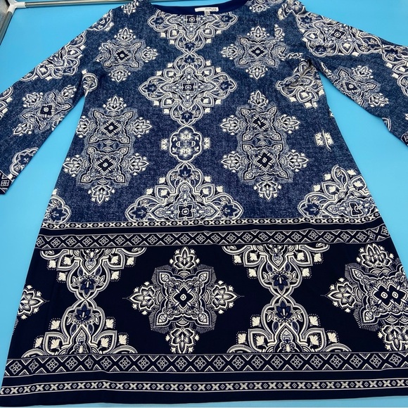 Studio One New York Women's Blue Patterned Dress 3/4 Length Bell Sleeves Size XL - Picture 5 of 7